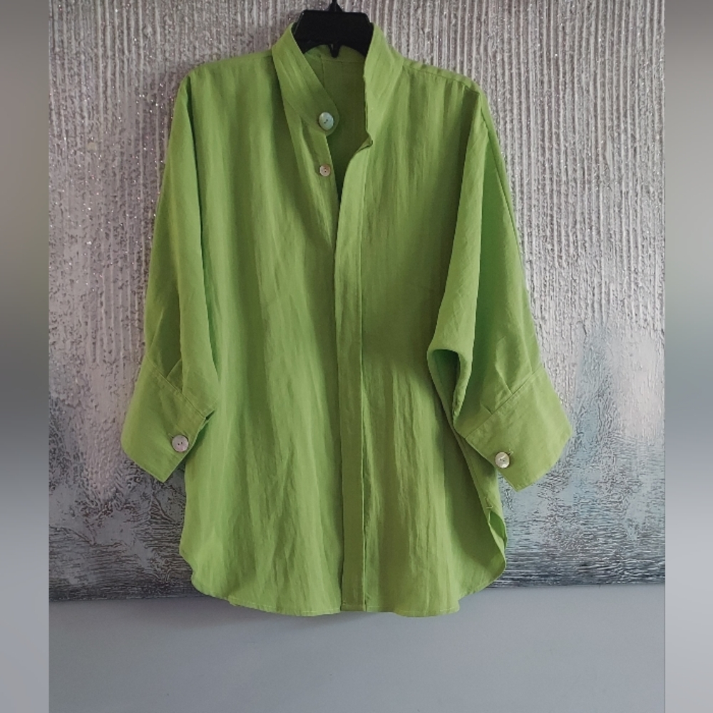 Fridaze 100% Linen Lageenlook Green Boho Oversized  Shirt Sz-XL